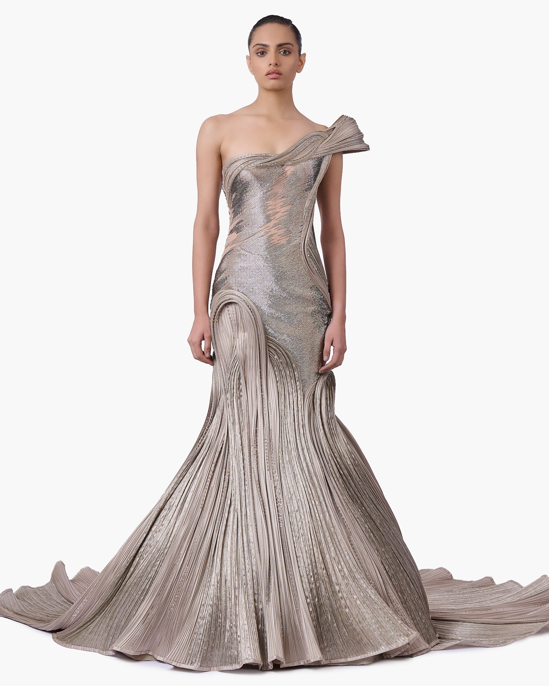 The Sculpted One-Shoulder Satin Gown By KYNAH, Luxury Indian Fashion & Bridal Wear