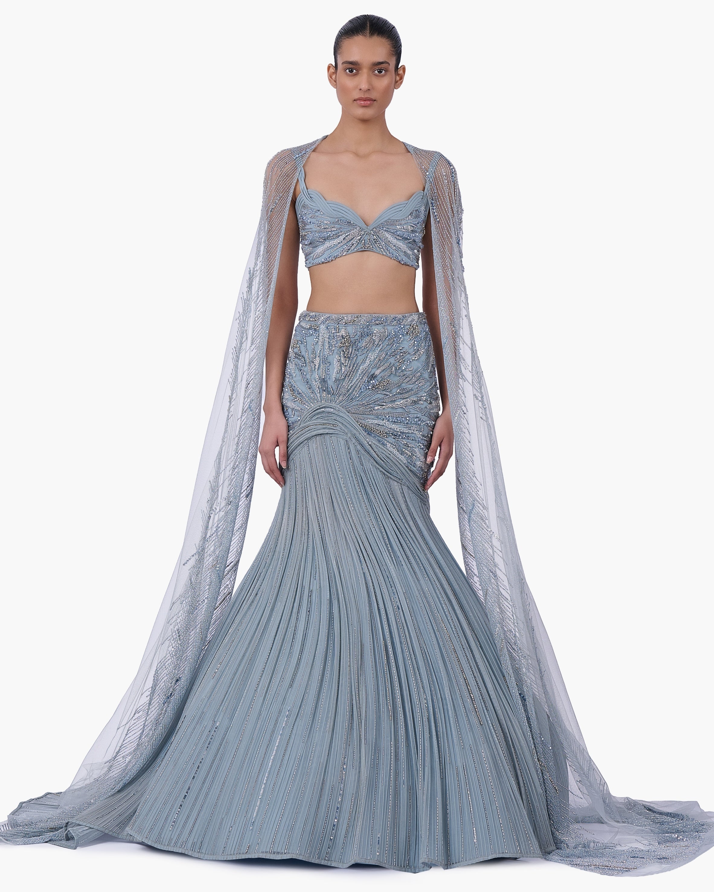 The Embellished Lehenga With Sheer Cape By KYNAH, Luxury Indian Fashion & Bridal Wear