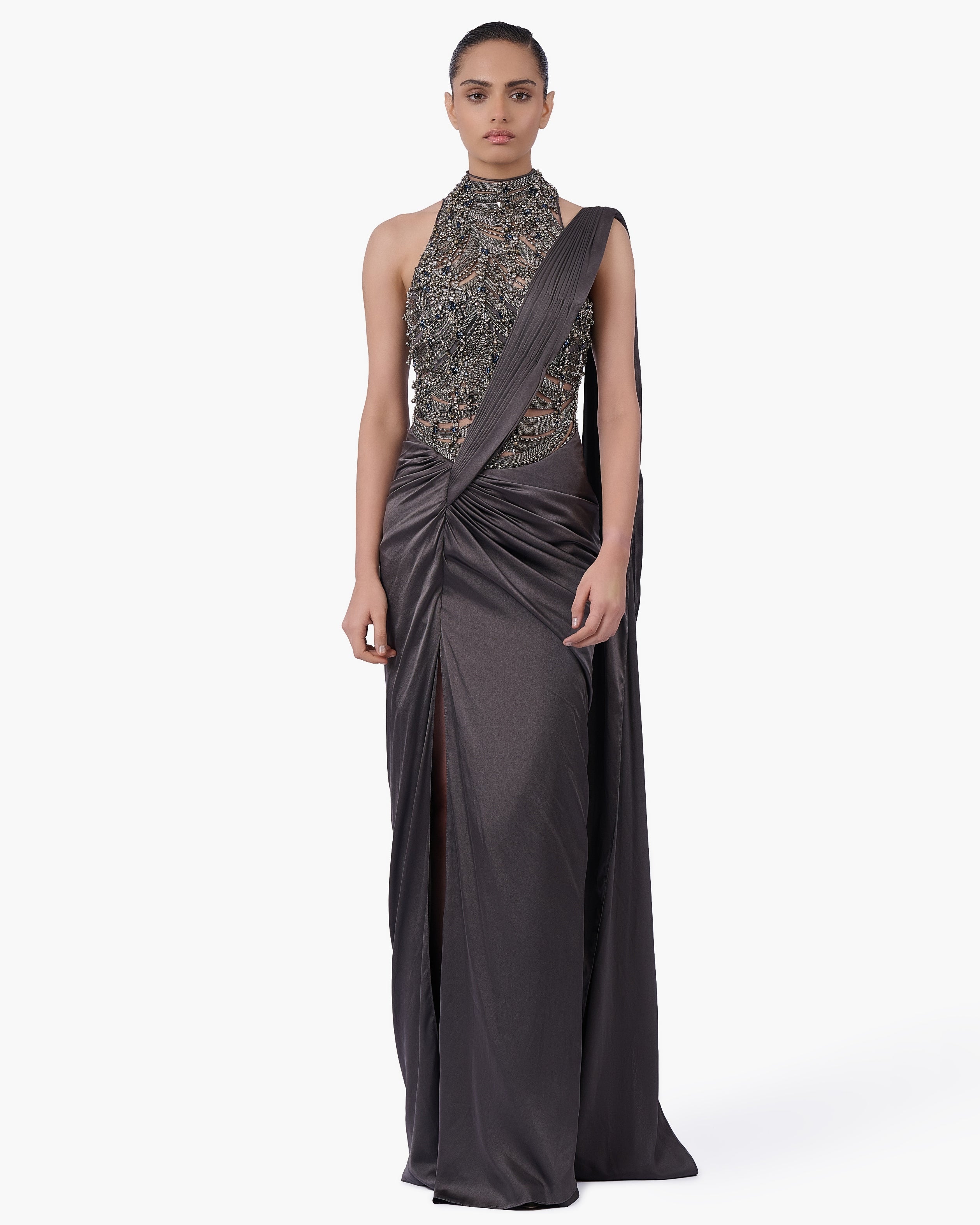 The High-Neck Embellished Sari Gown By KYNAH, Luxury Indian Fashion & Bridal Wear