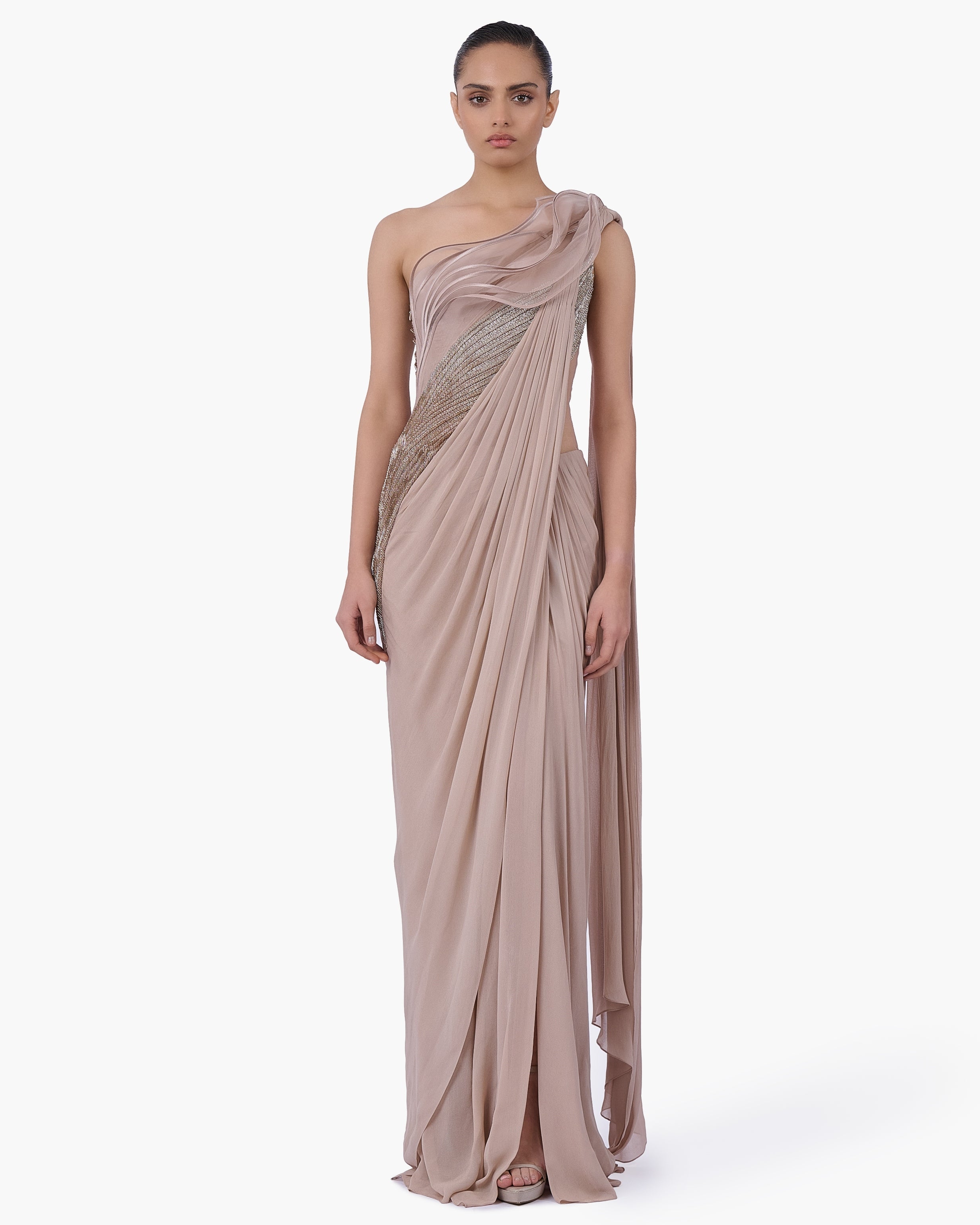 The Champagne Reverie Sari Gown By KYNAH, Luxury Indian Fashion & Bridal Wear