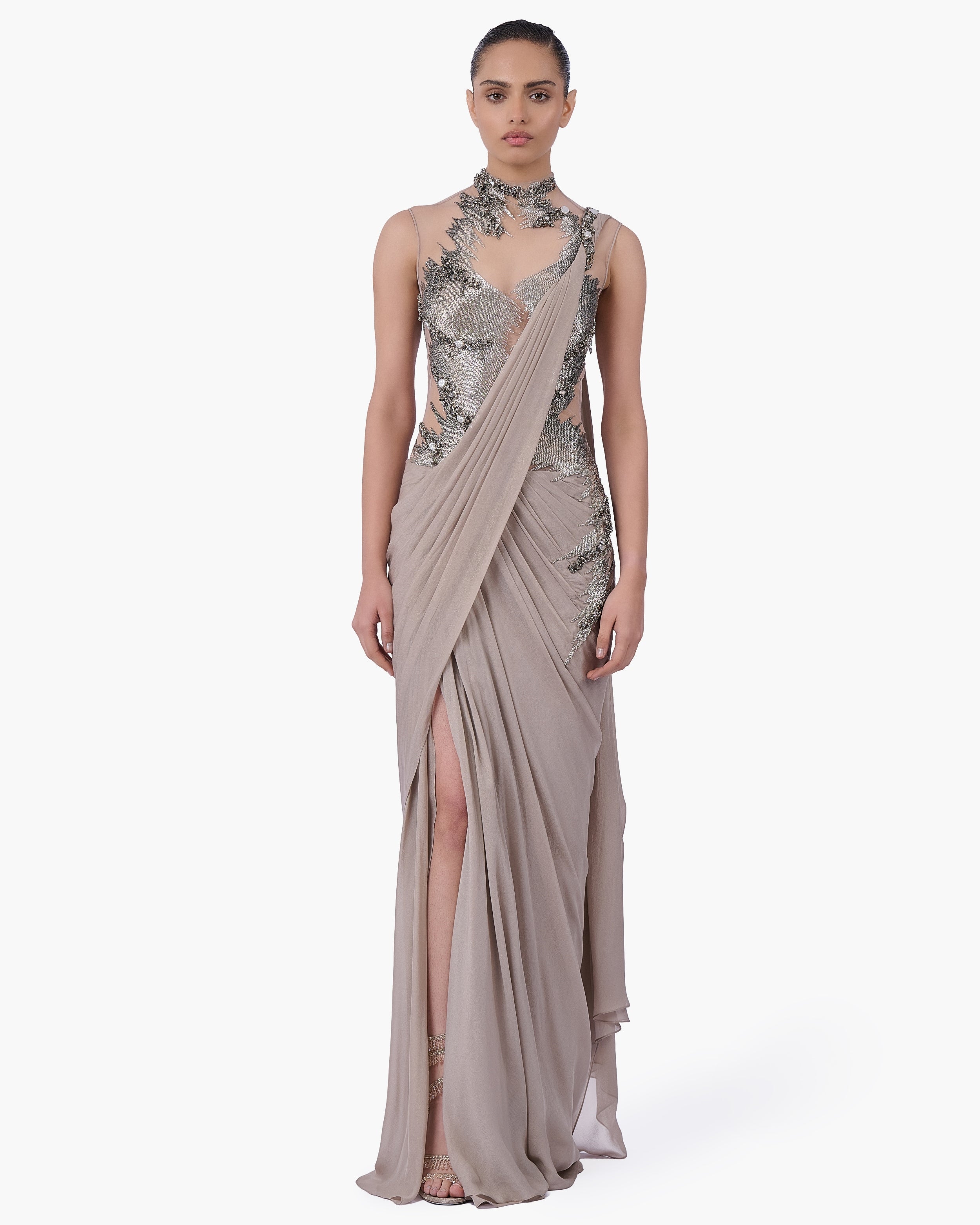 The Embellished Metallic Sari Gown By KYNAH, Luxury Indian Fashion & Bridal Wear