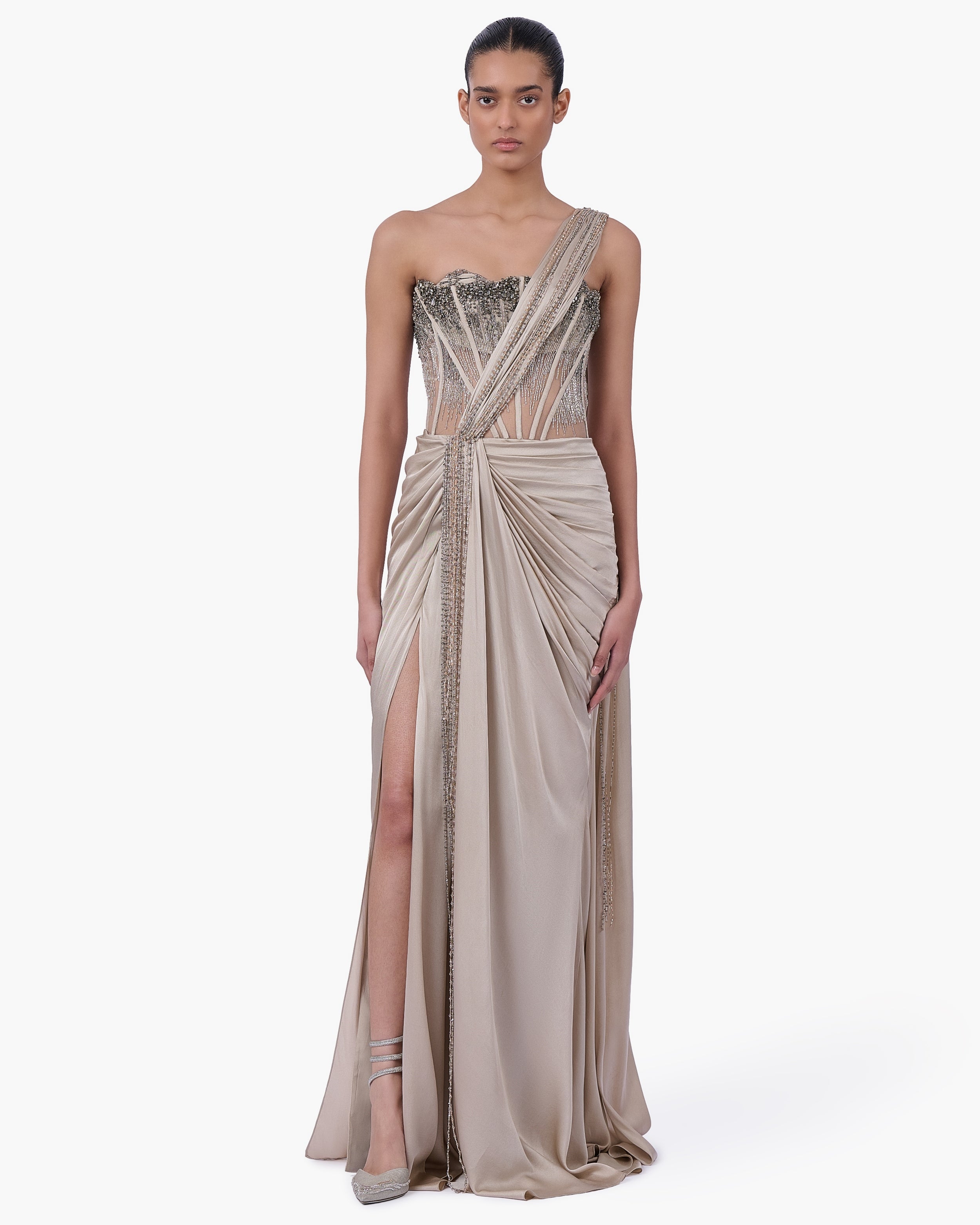 Corseted Crystal Sari Gown By KYNAH, Luxury Indian Fashion & Bridal Wear