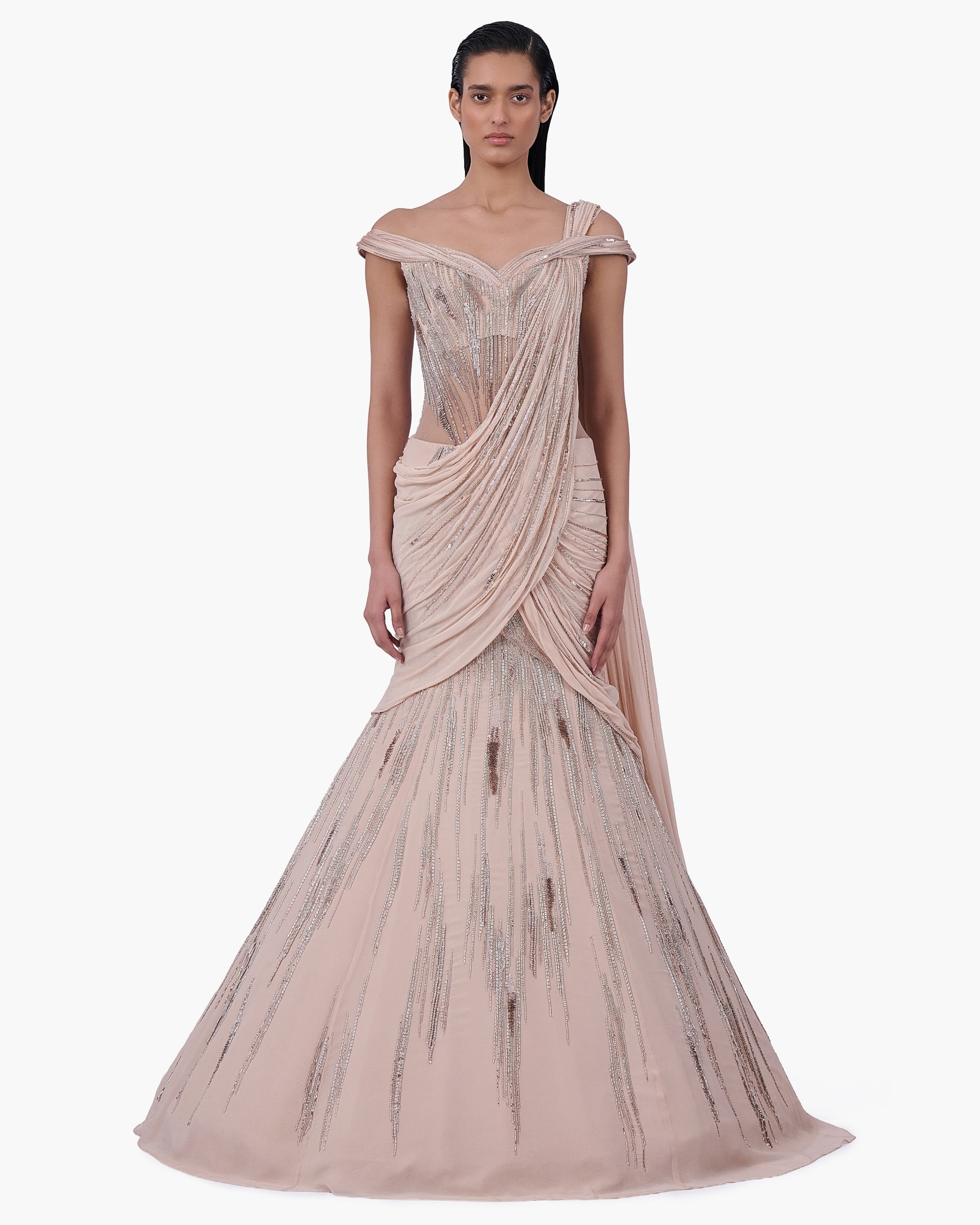 The Champagne Veil Sari Lehenga By KYNAH, Luxury Indian Fashion & Bridal Wear
