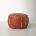 Genuine Leather Round Floral Pouf Ottoman - Brown