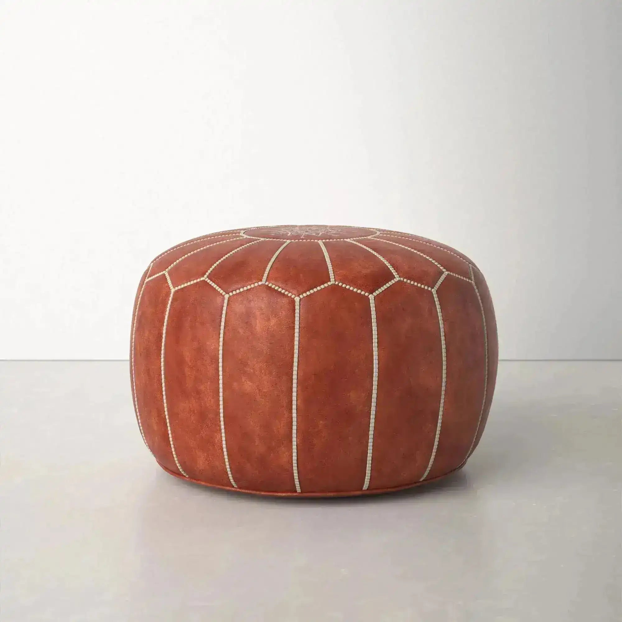 Genuine Leather Round Floral Pouf Ottoman - Brown