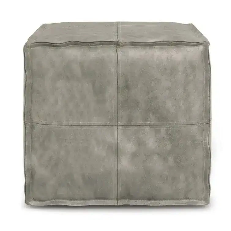 Genuine Leather Square Pouf Ottoman - Gray