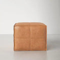 Genuine Leather Square Pouf Ottoman - Light Brown