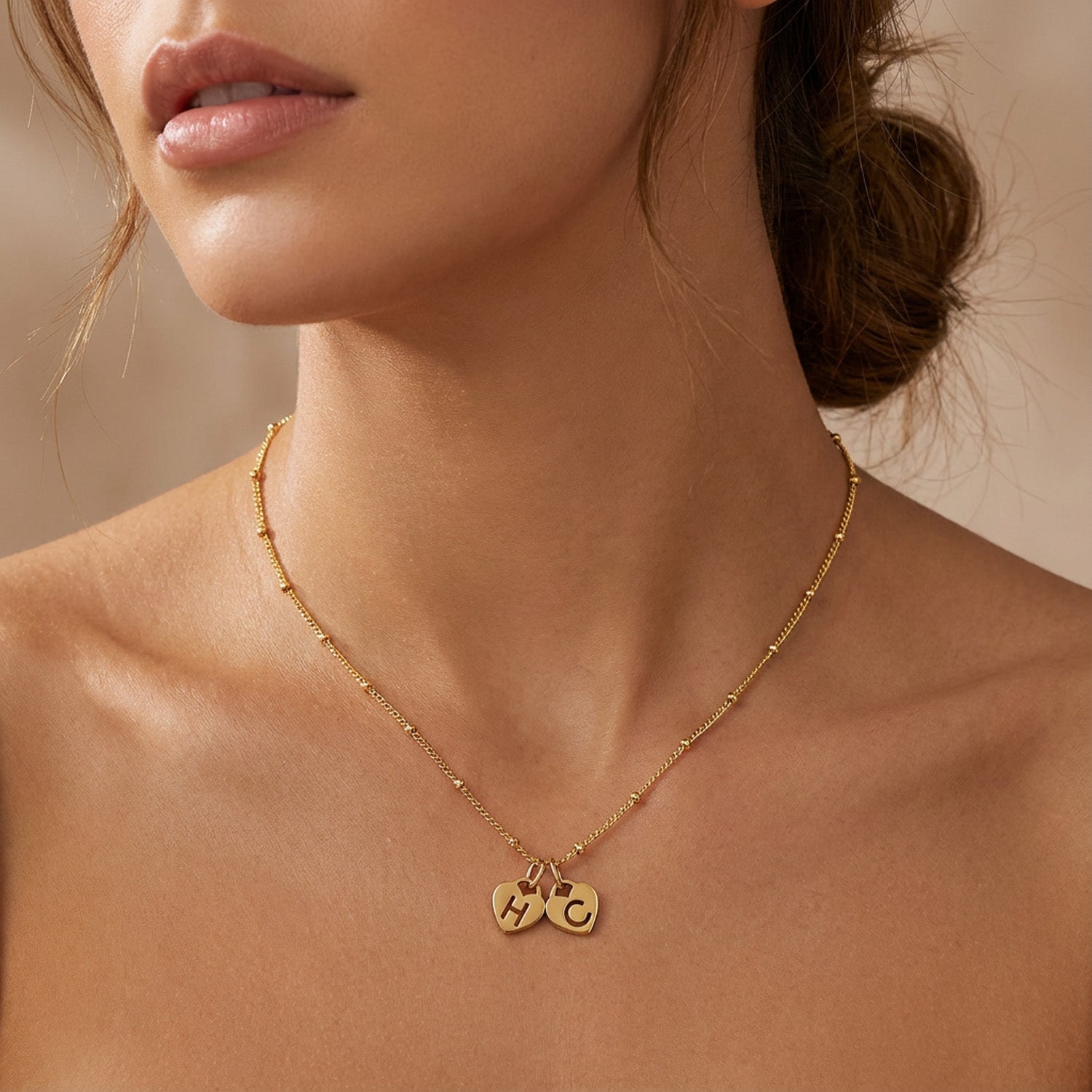 Two Heart Initial Necklace by G&M - 925 Silver / Style 2