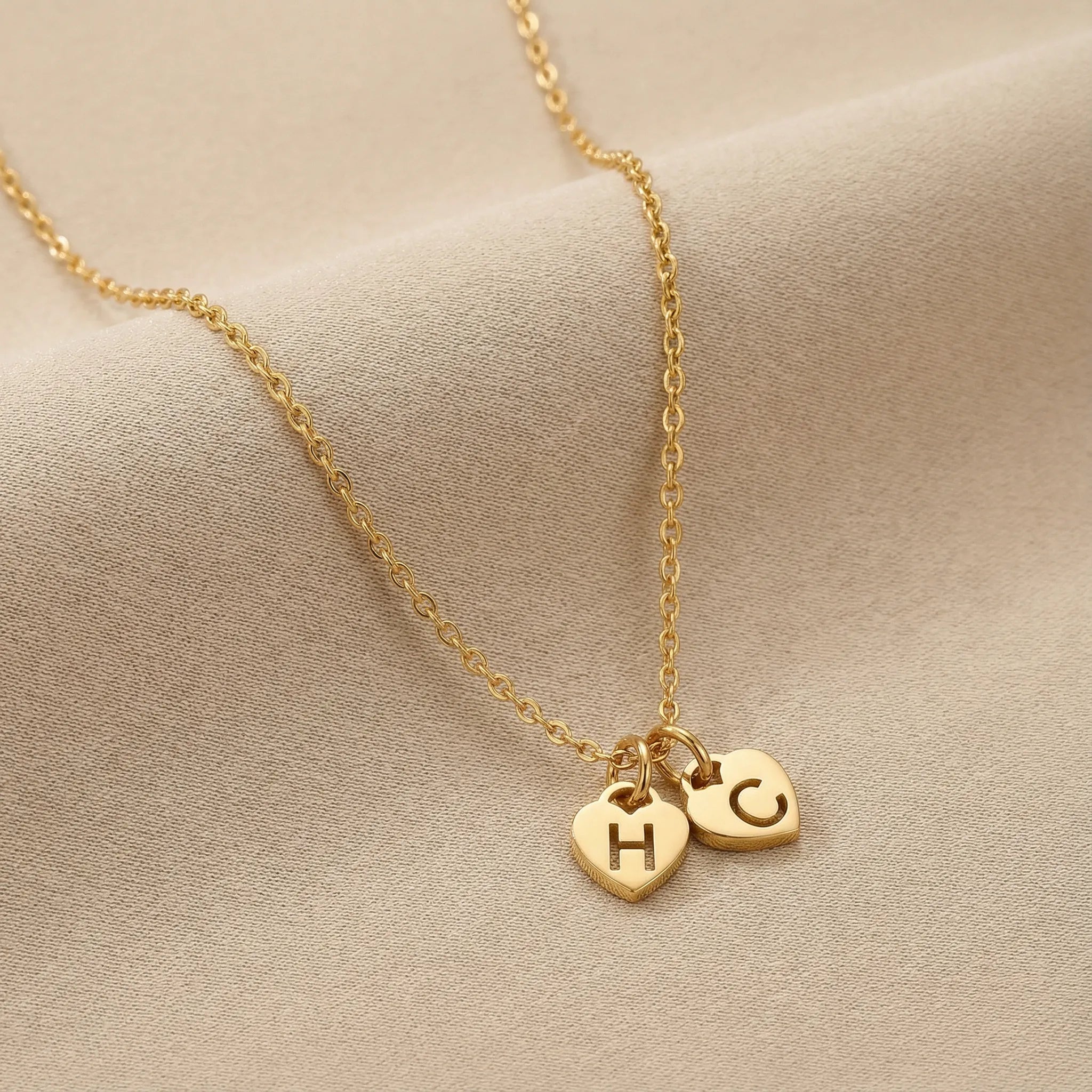 Two Heart Initial Necklace by G&M - Solid Silver / Style 1