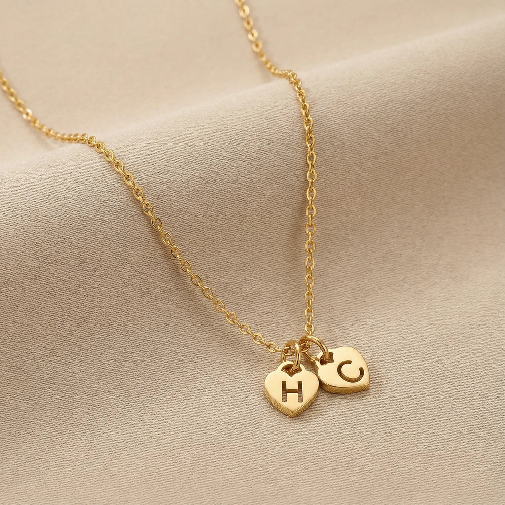 Two Heart Initial Necklace by G&M - Vermeil / Style 3