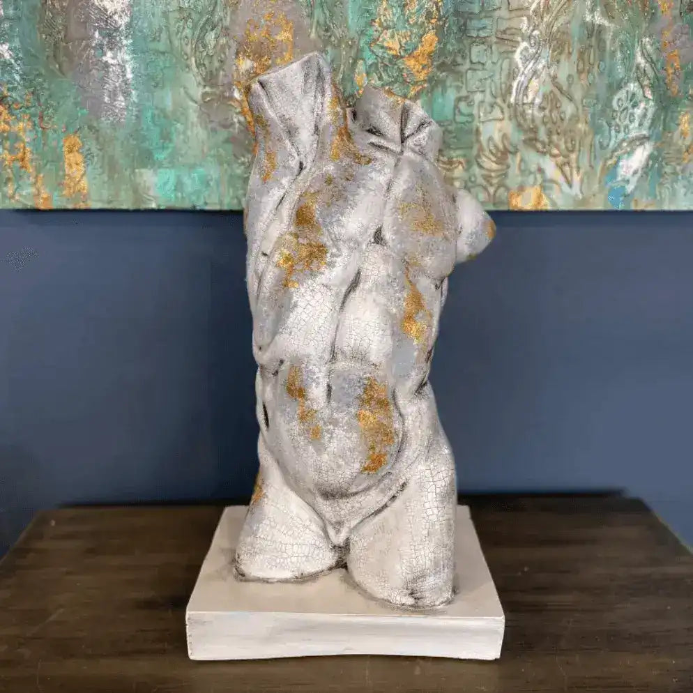 Gold Gilded Cracked Marble Male Torso Sculpture Statue