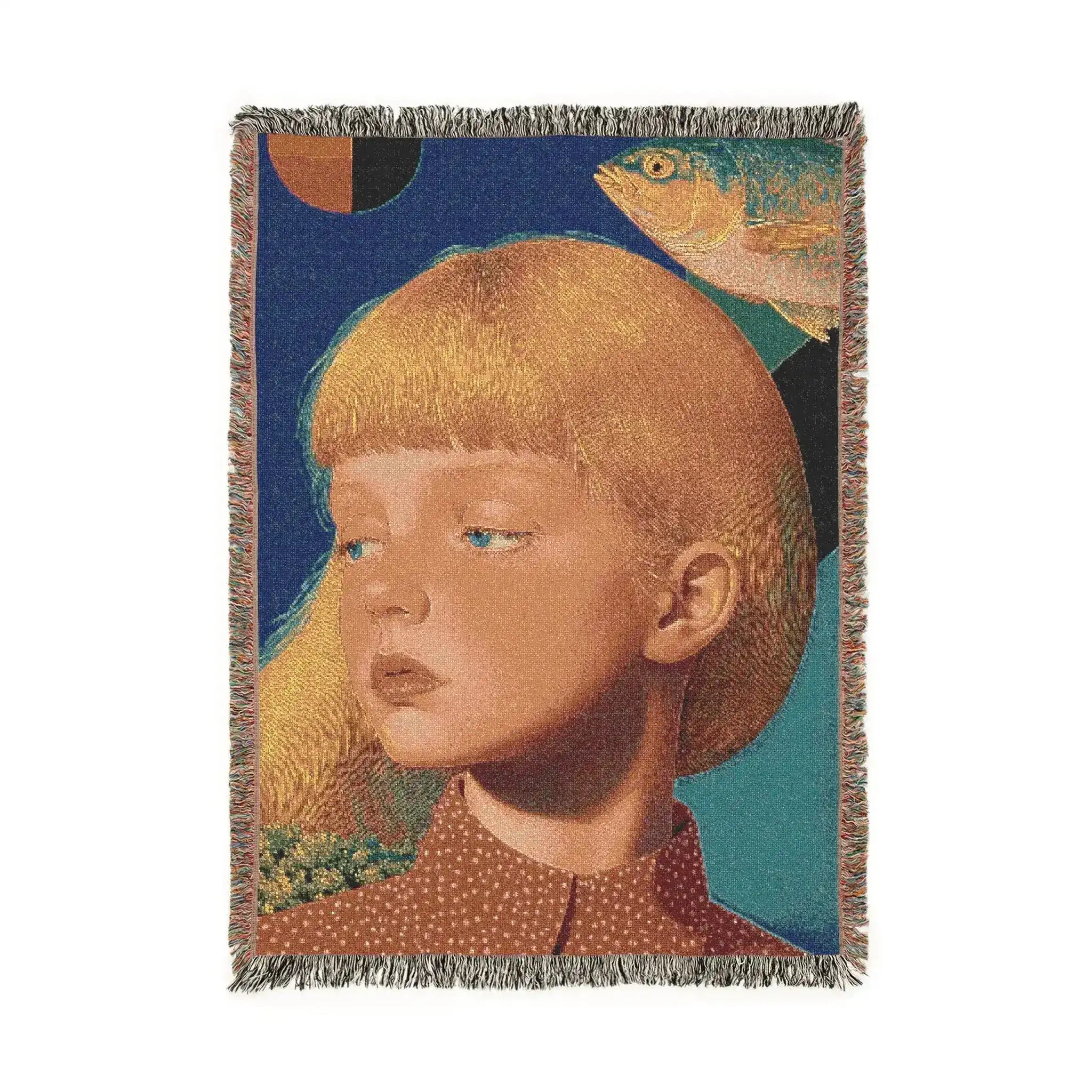 Golden Gaze Surreal Portrait with Fish & Geometric Woven Blanket