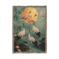 Golden Serenity Cranes at Dusk Woven Blanket