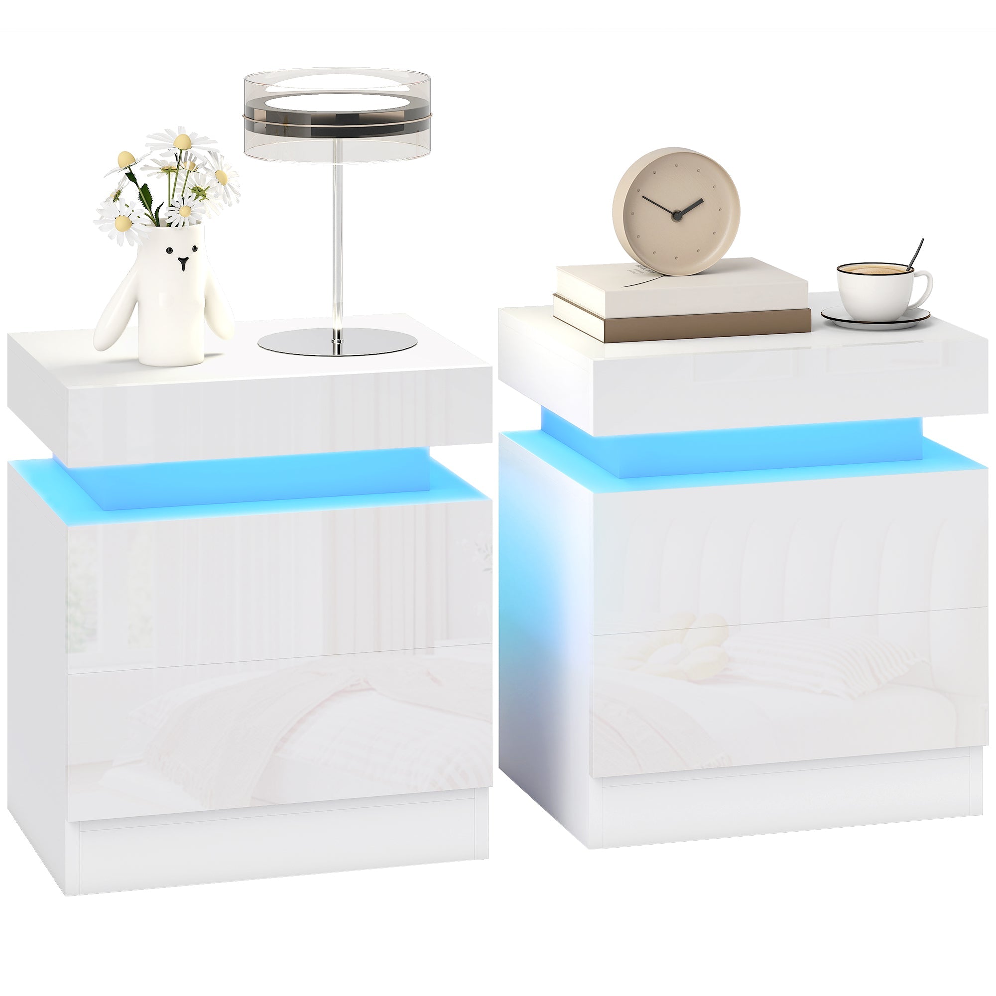 High Gloss White Bedside Table with APP-Controlled RGB LED Light & 2 Drawers, Set of 2