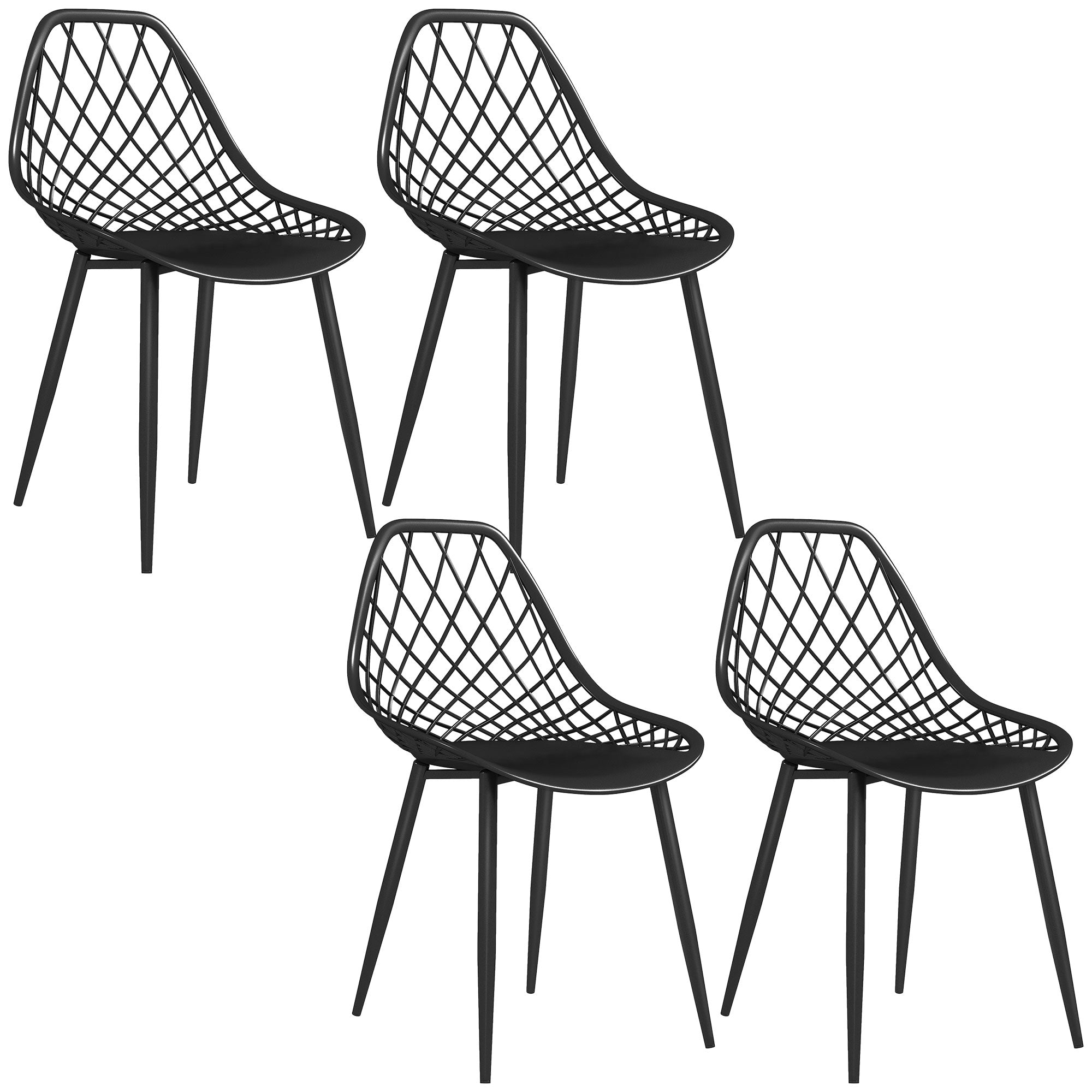 Set of 4 Plastic Dining Chairs with Hollow Backrest and Metal Legs, Black