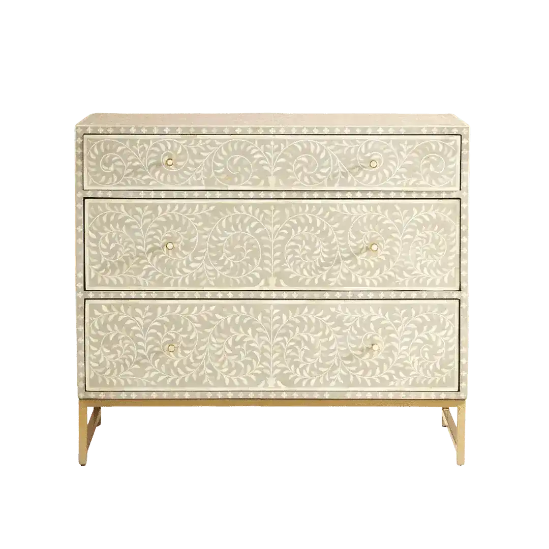 Gray Floral Motif Bone Inlay 3 Drawers Chest