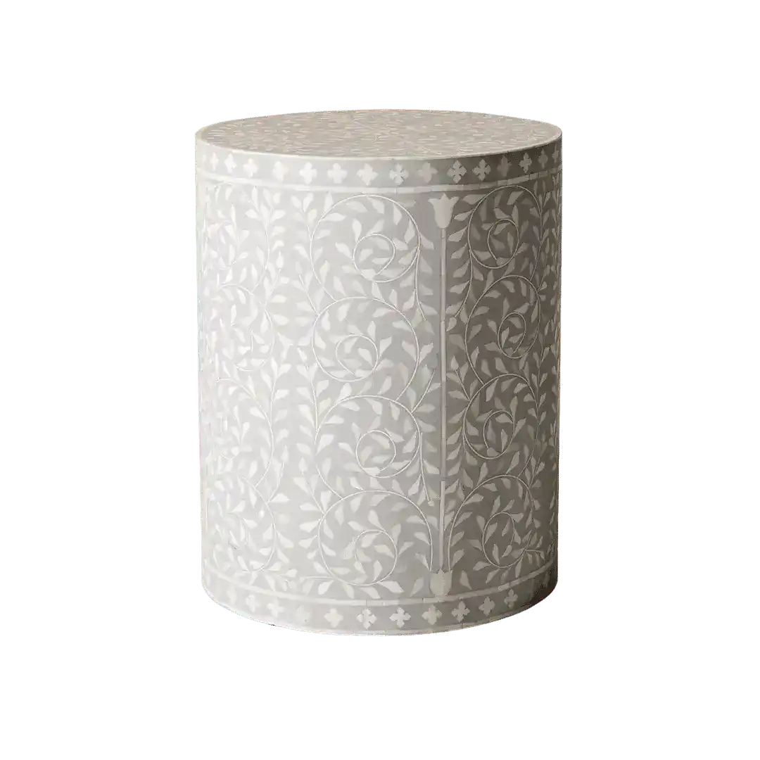 Gray Floral Motif Bone Inlay Round Drum Side Table