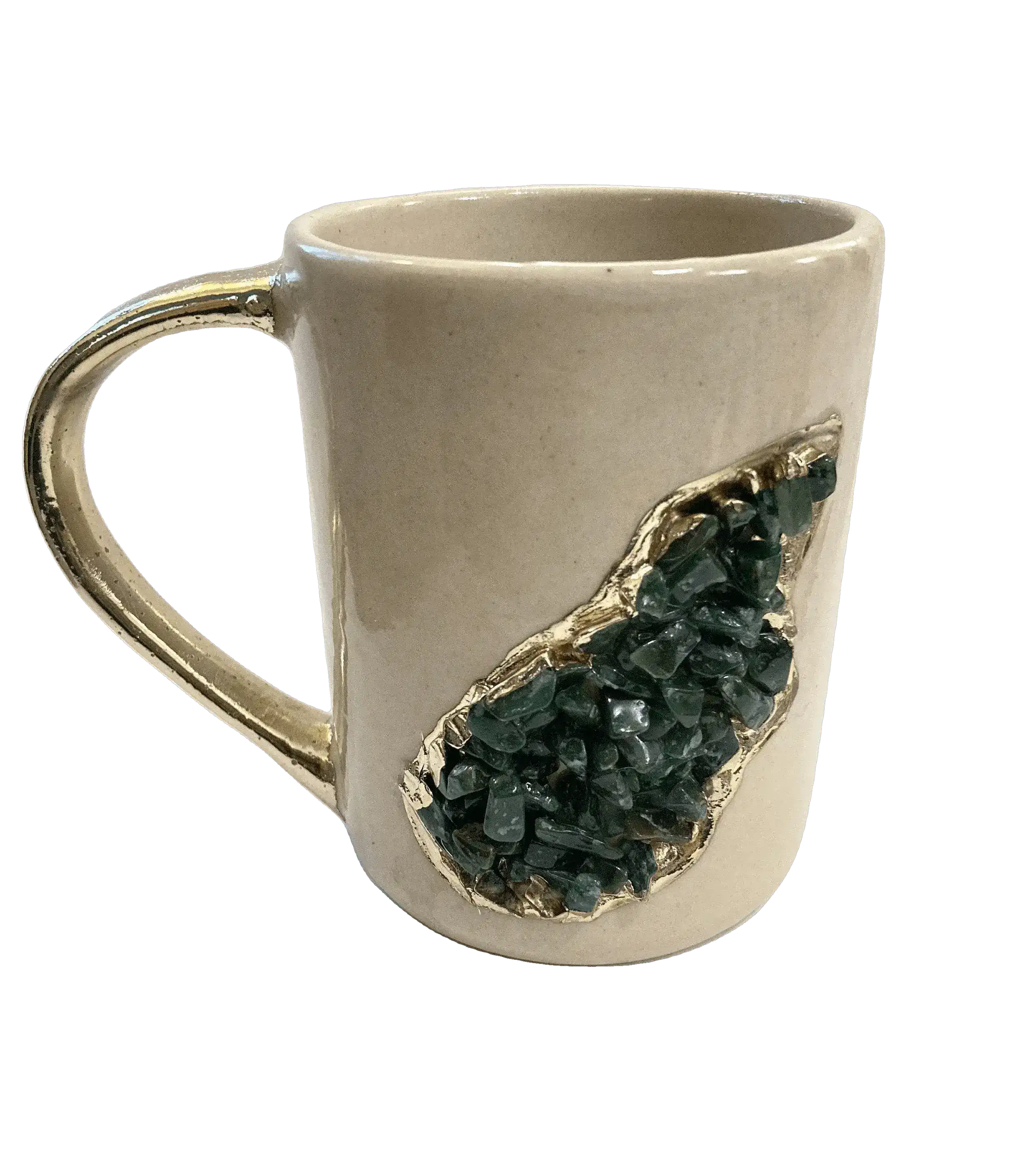 Green Agate Crystal Coffee Mug with Gold Handle - Set of 2