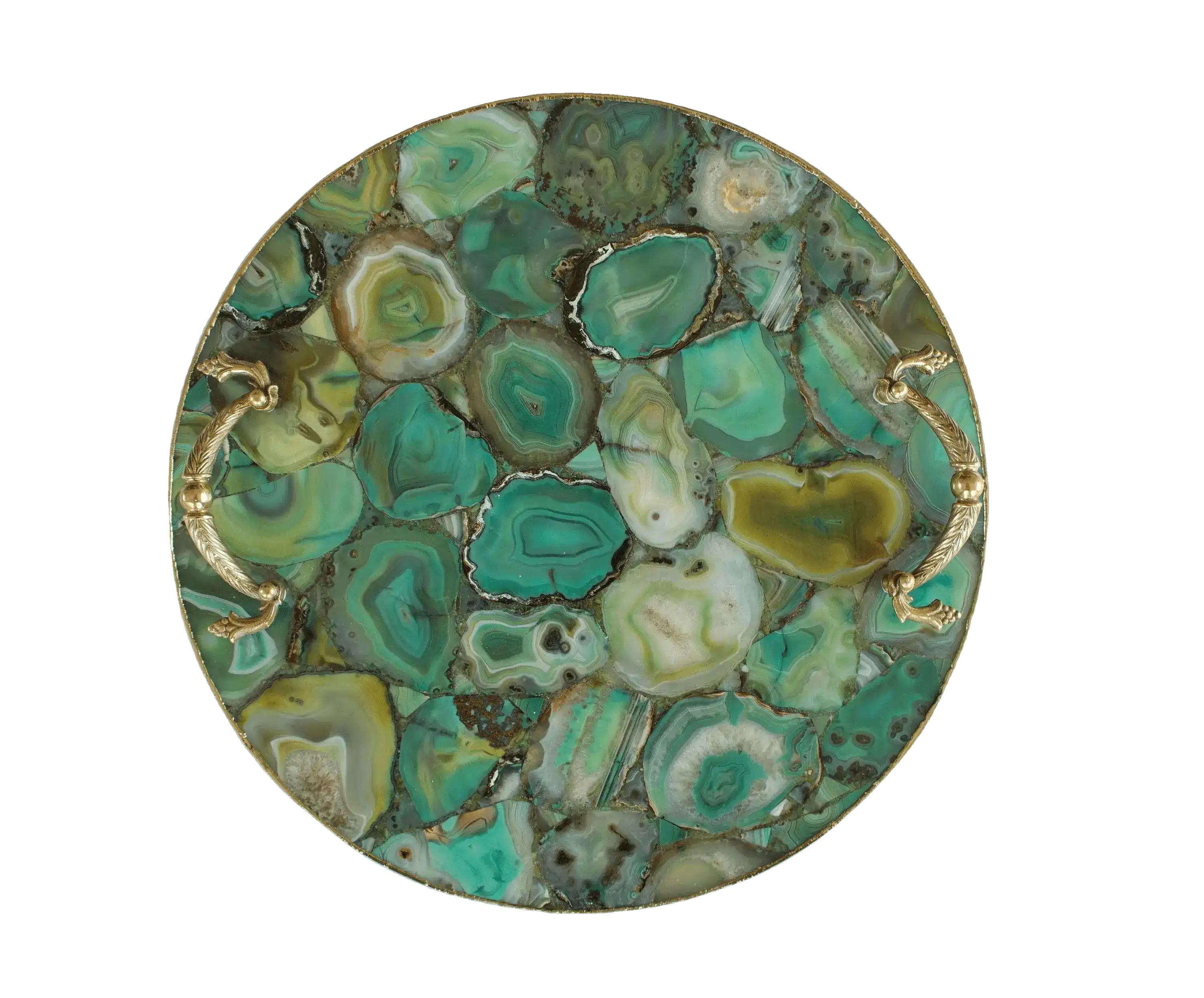 Green Agate Round Serving Tray With Brass Handles
