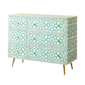 Green and White Moroccan Geometric Bone Inlay 6 Drawers Chest