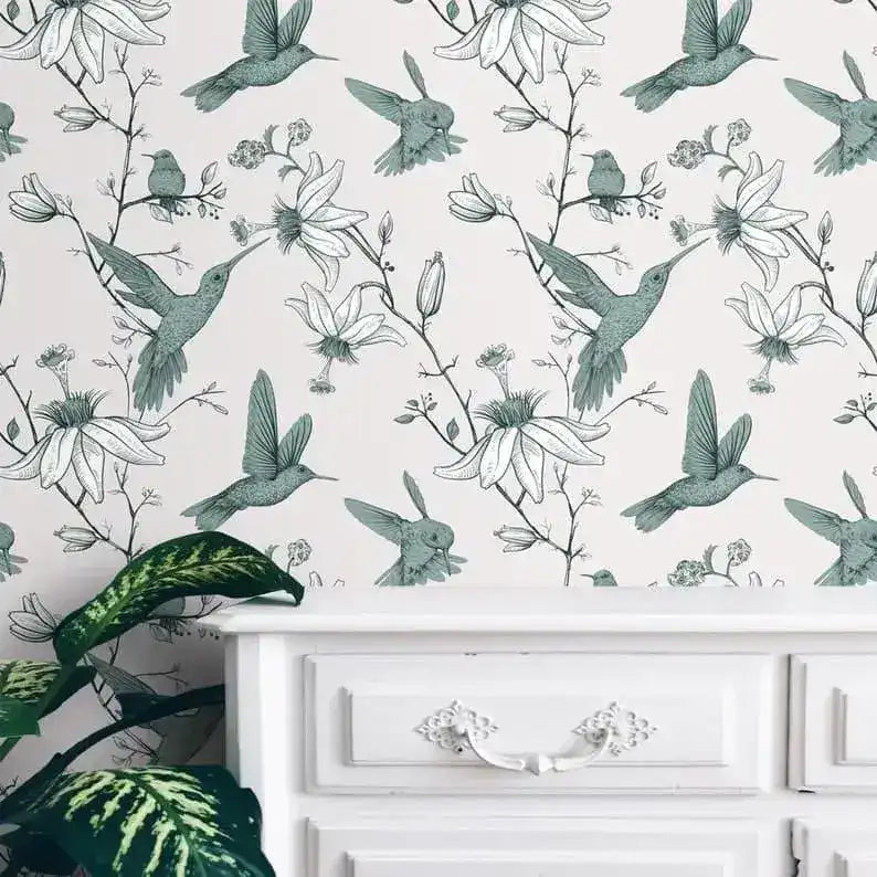 Green Flying Hummingbird Floral Wallpaper