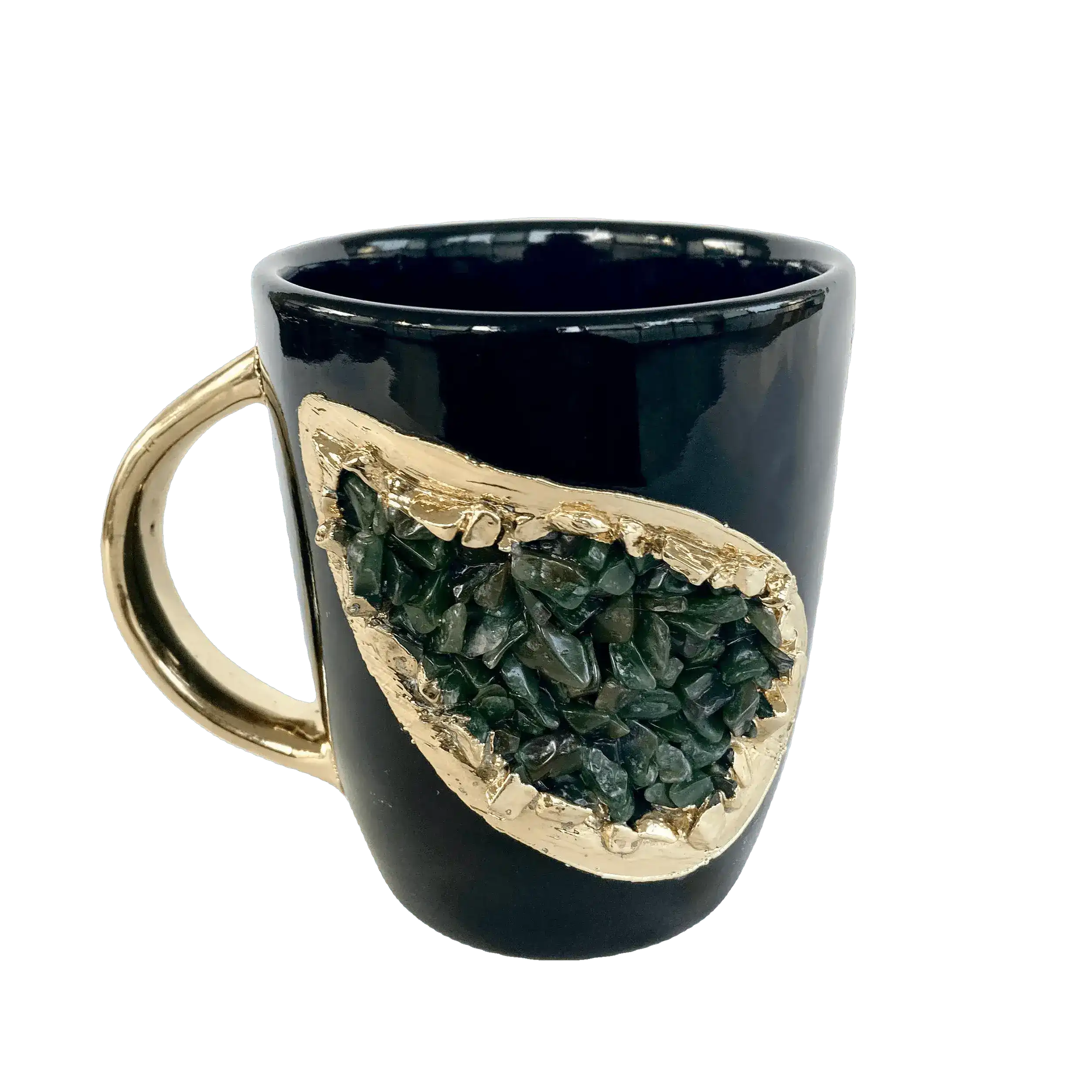 Green Quartz Marbled Black Ceramic Coffee Mug with Gold Handle - Set of 2