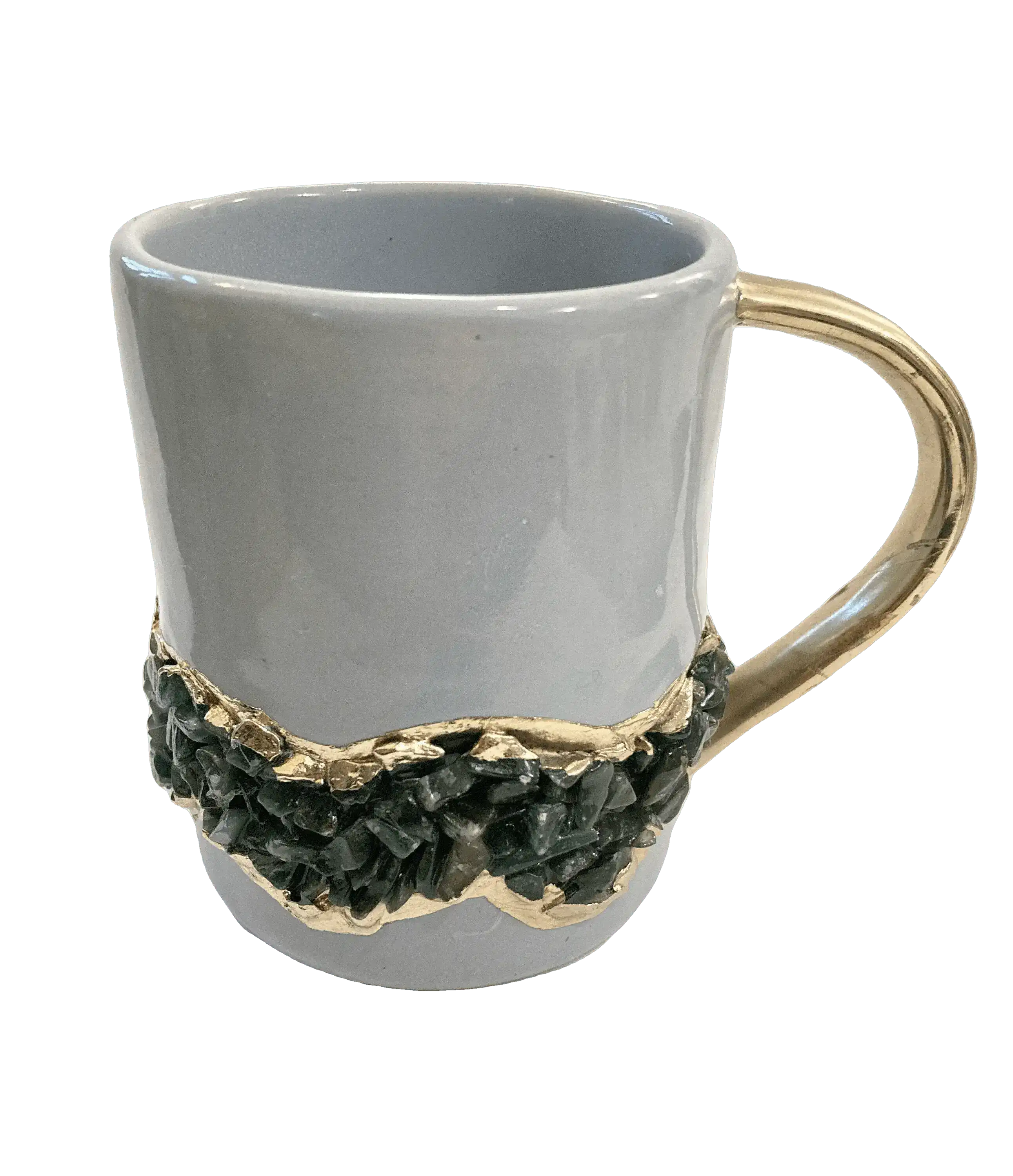 Green Quartz Marbled Gray Ceramic Coffee Mug with Gold Handle - Set of 2