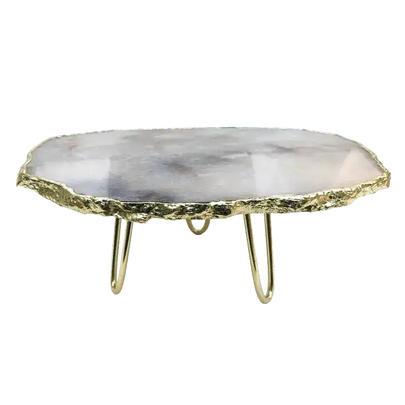 Grey Agate Quartz Cake Stand with Brass Legs