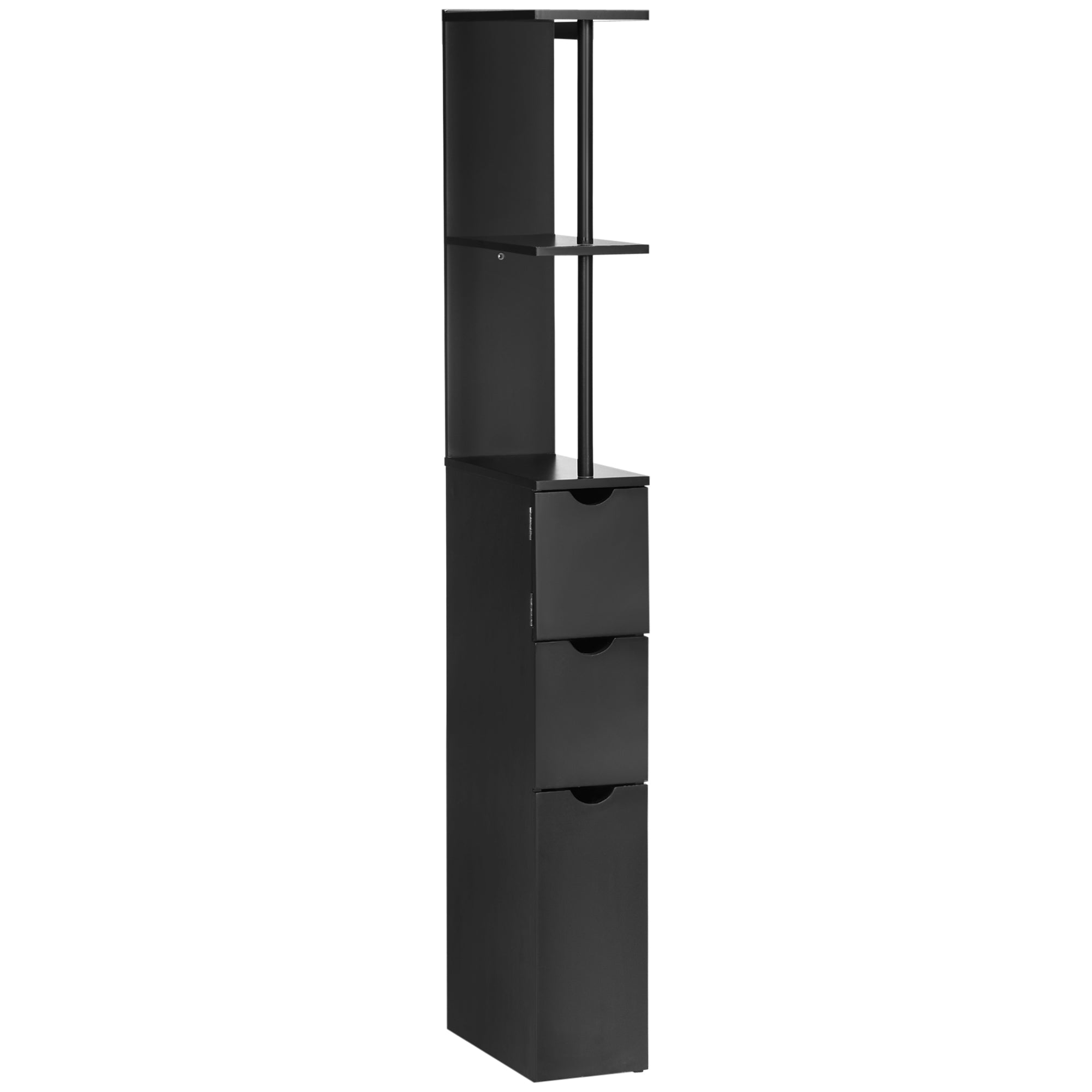 Slim Bathroom Linen Cabinet with Drawers, Cabinet & Open Shelves for Space Saving, Black