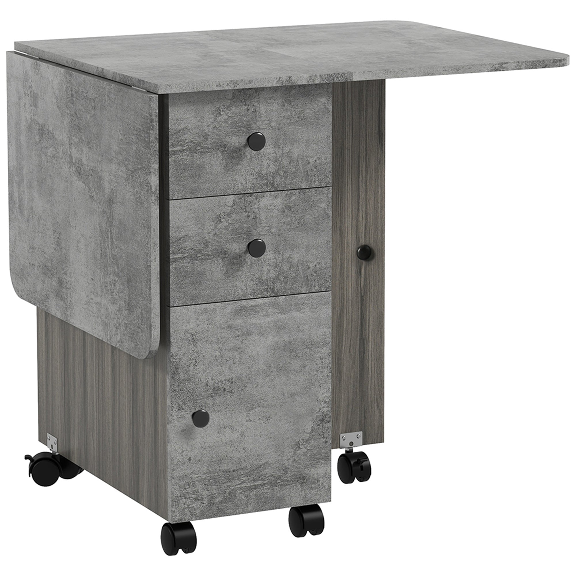 Folding Dining Table on Wheels for 4-6 with Storage Drawers, Cabinet, Grey Marble Effect