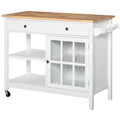 Rolling Kitchen Island with 2 Drawers and 2 Open Shelves, White