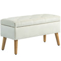 Velvet Upholstered Storage Ottoman Bench with Lid & Wood Legs for Entryway, Cream White