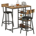 3-Piece Breakfast Bar Set with PU Leather Stools & Storage Shelves, Rustic Brown