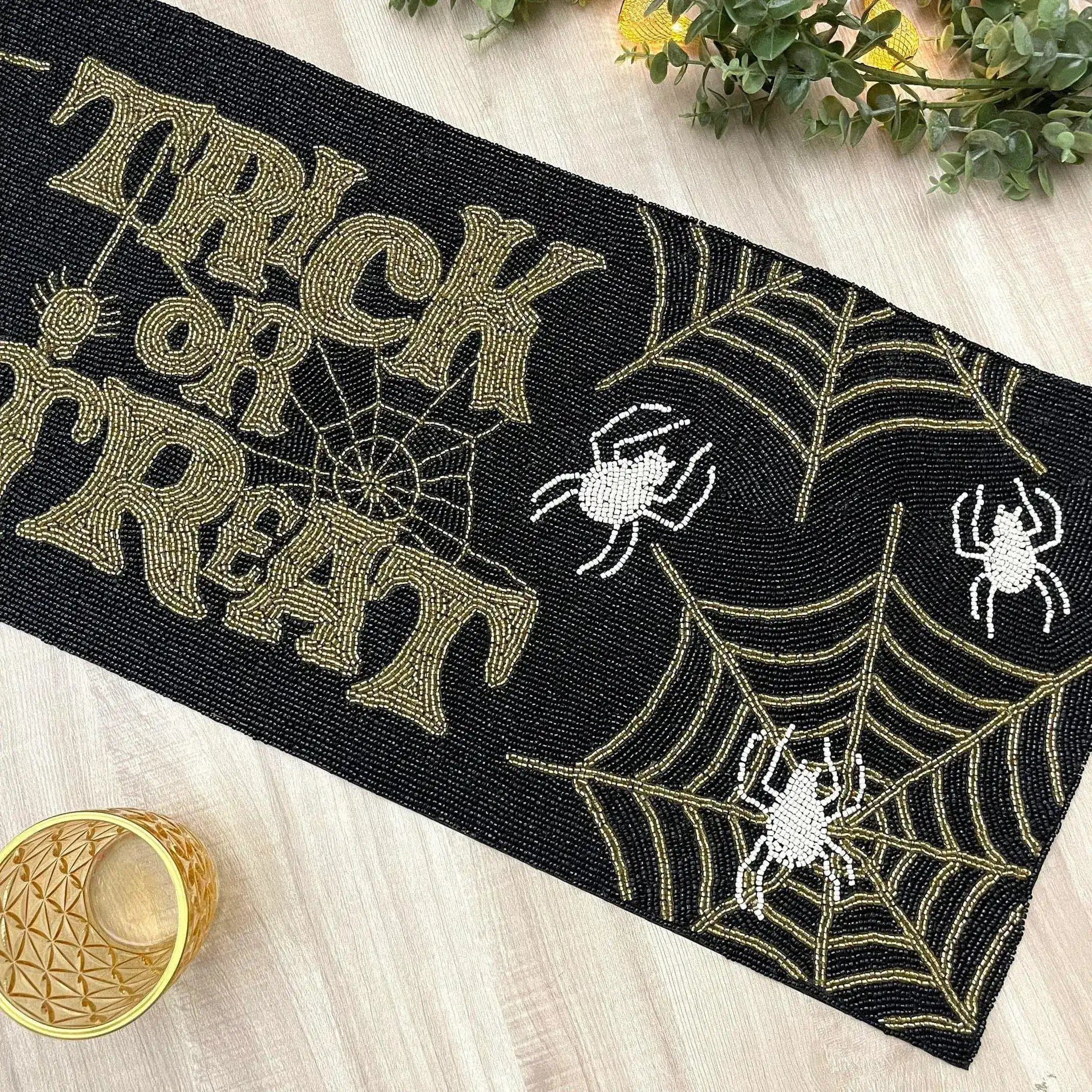 Halloween Trick or Treat Black and Gold Beaded Table Runner