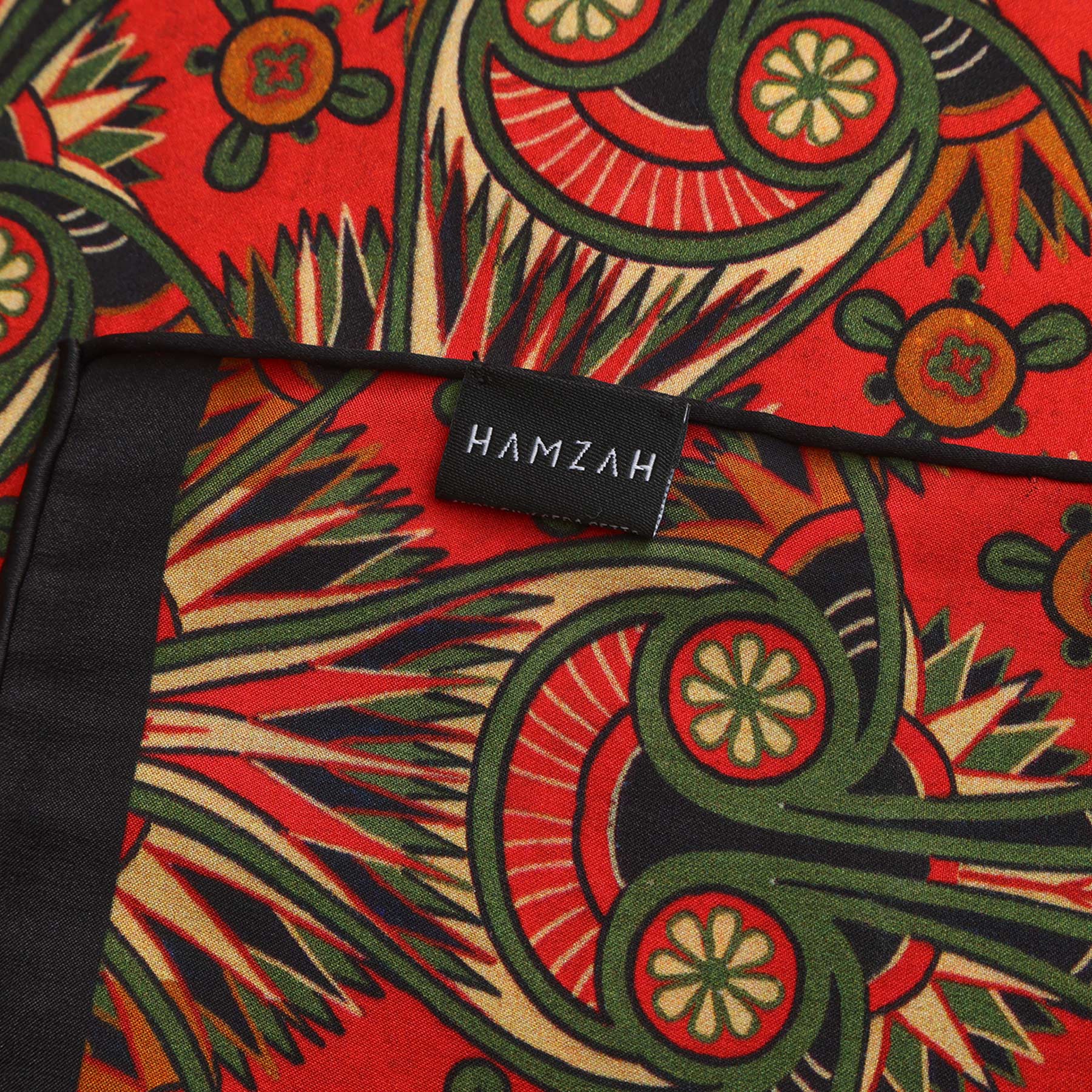 Art Nouveau Red Silk Scarf with Green & Gold Flourishes Azteca