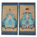 Hand-Painted Qing Dynasty Ancestors in Blue Dresses Wall Canvas Art