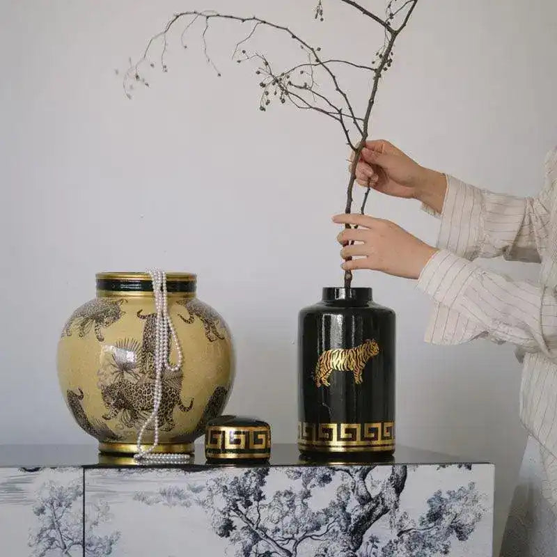 Hand-Painted Tiger Rosy Decorative Glazed Jar