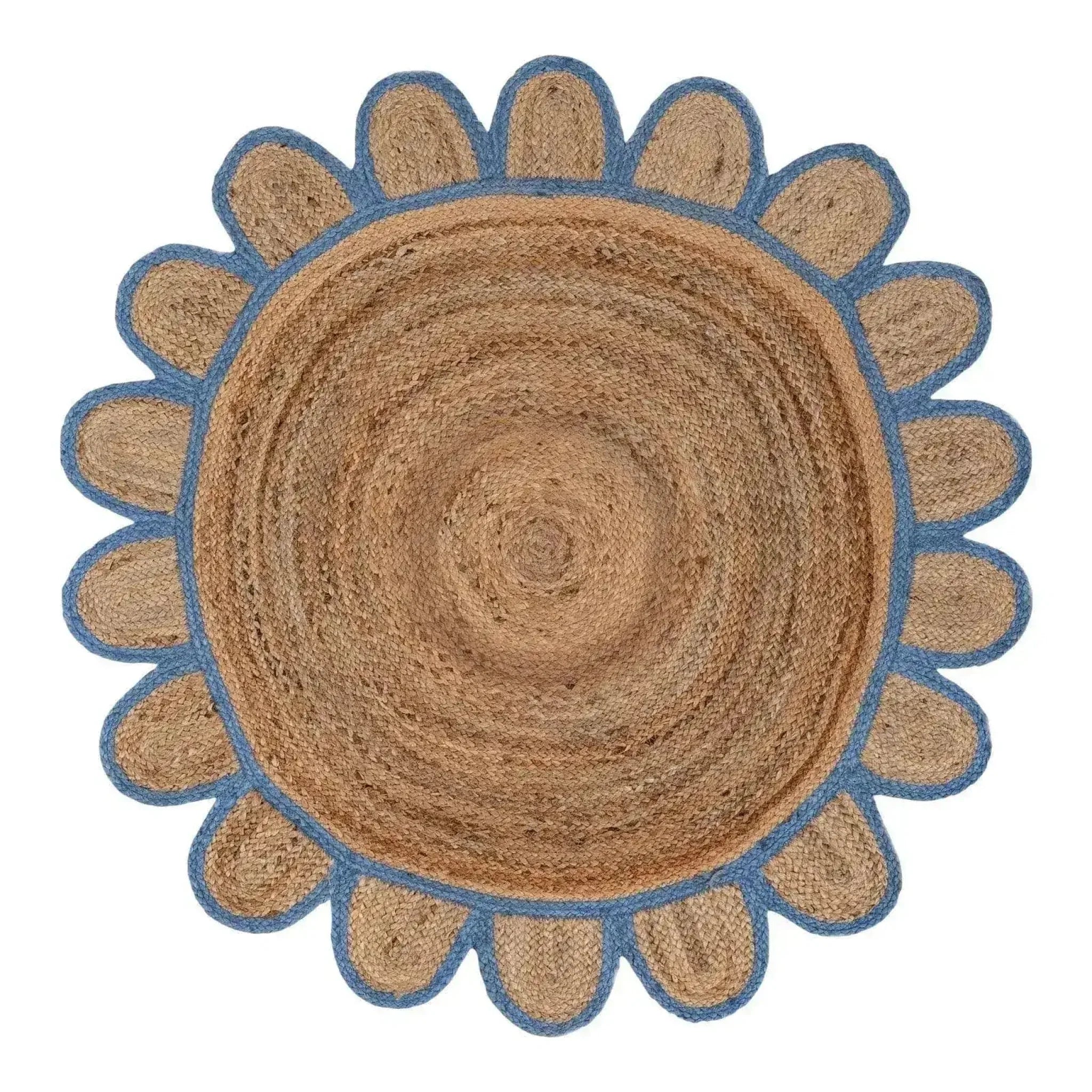 Handmade Blue Scalloped Round Jute Rug