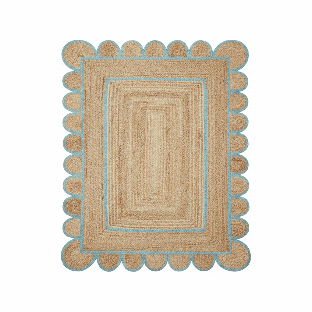 Handmade Sky Blue Scalloped Jute Rug