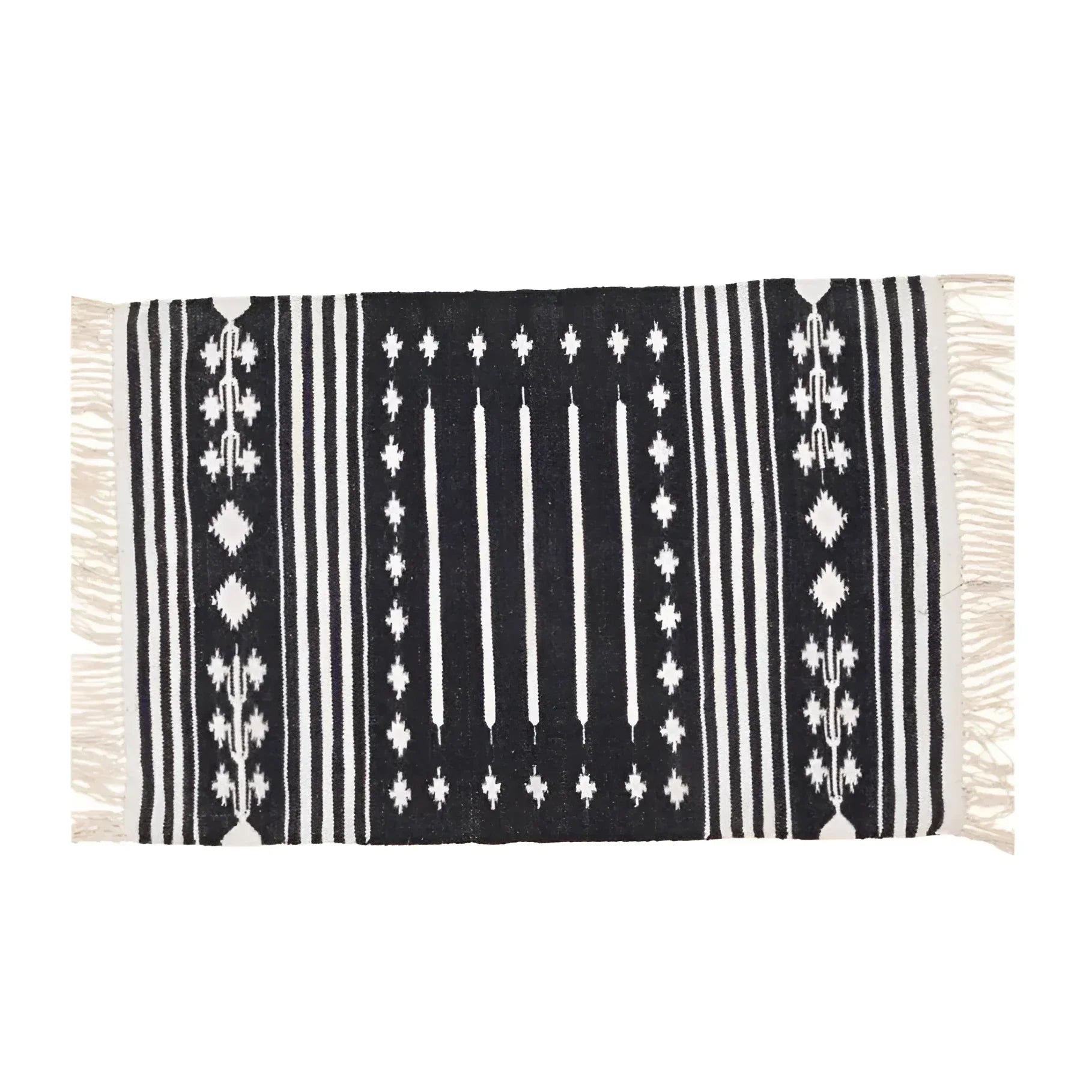 Handwoven Black and White Traditional Patterned Cotton Rug with Fringes