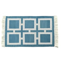Handwoven Blue and White Geometric Cotton Rug with Fringes