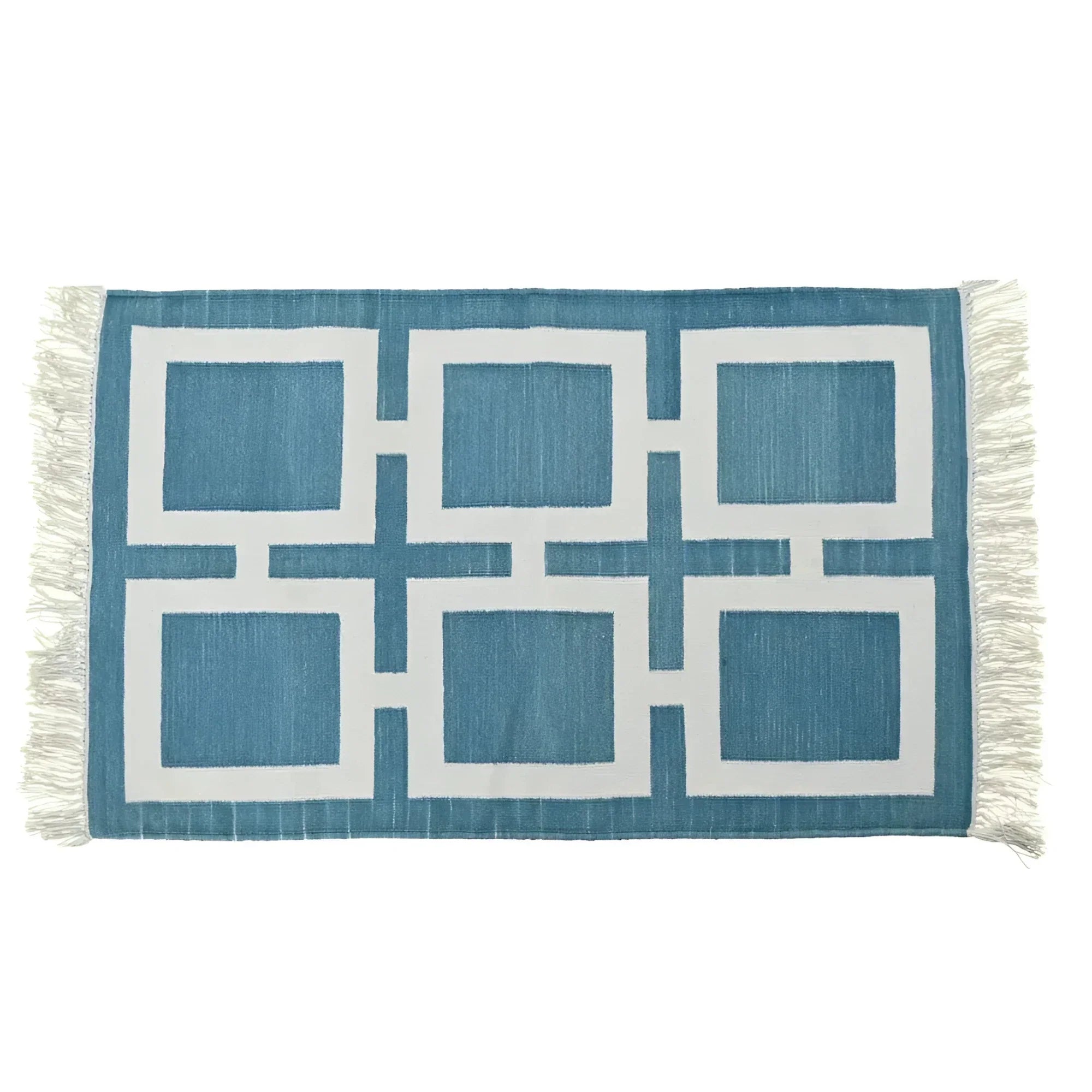 Handwoven Blue and White Geometric Cotton Rug with Fringes