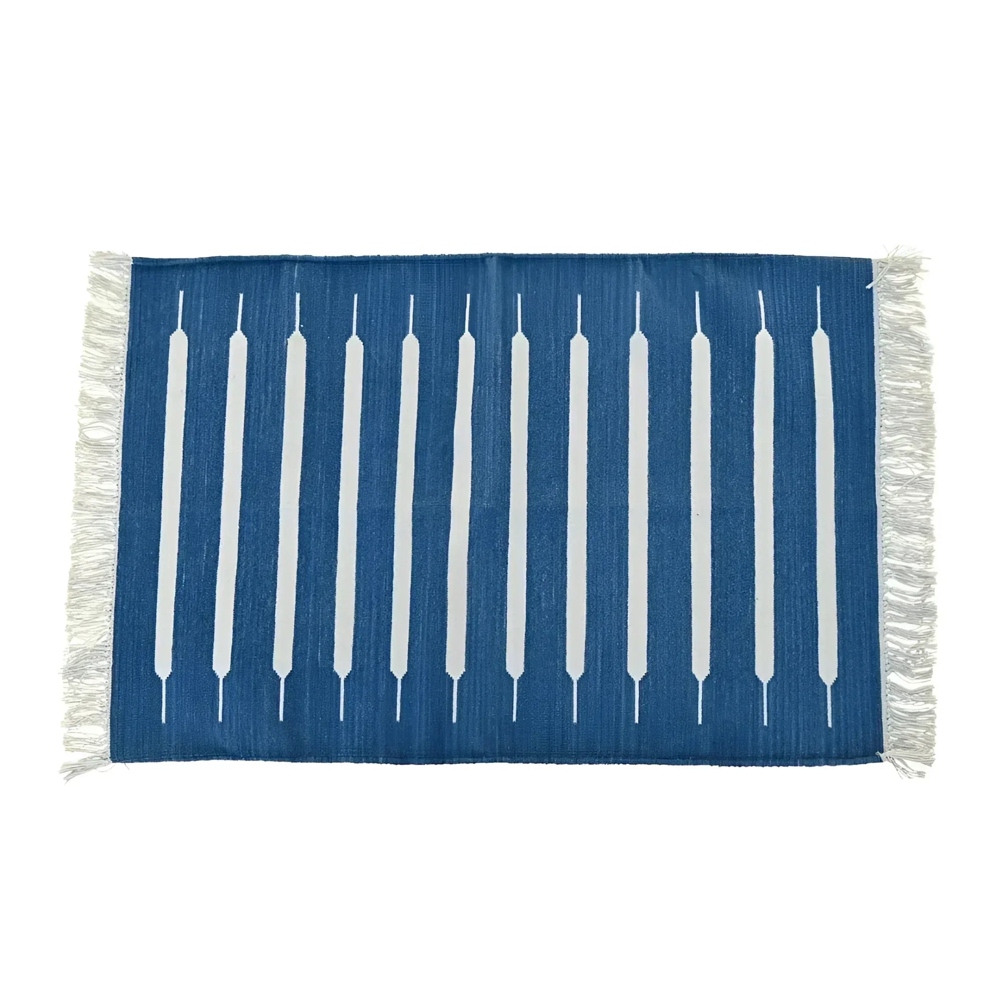 Handwoven Blue and White Mini Stripe Cotton Rug with Fringes