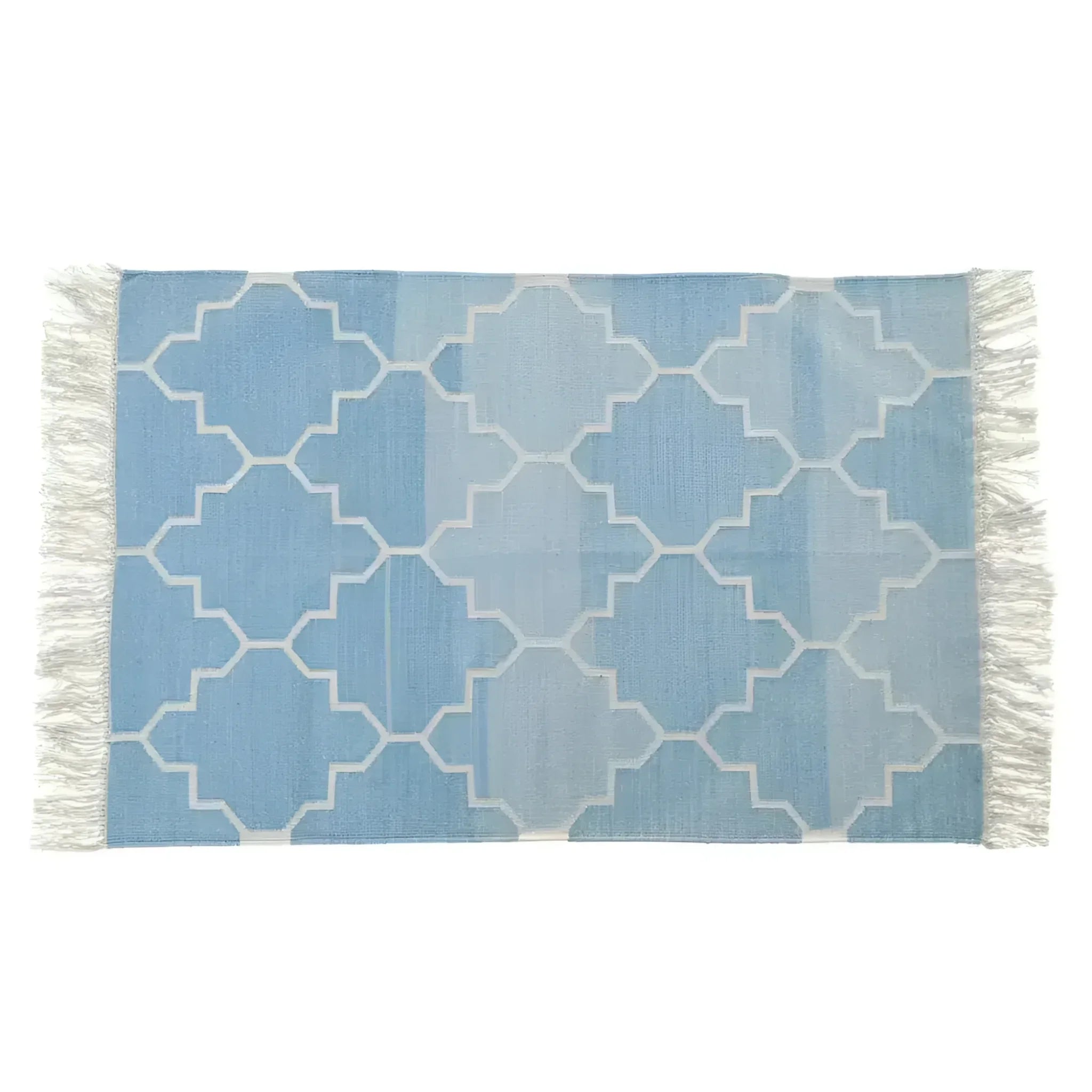 Handwoven Blue and White Moroccan Patterned Cotton Rug with Fringes