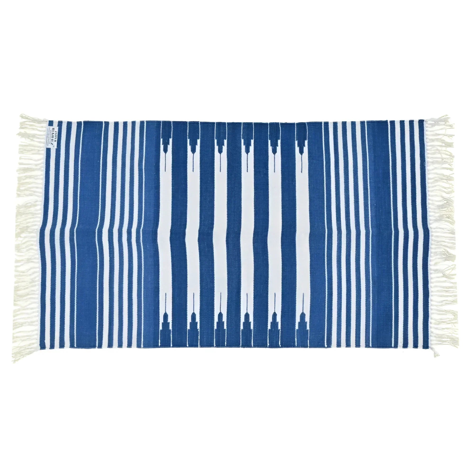 Handwoven Blue and White Stripe Cotton Rug with Fringes