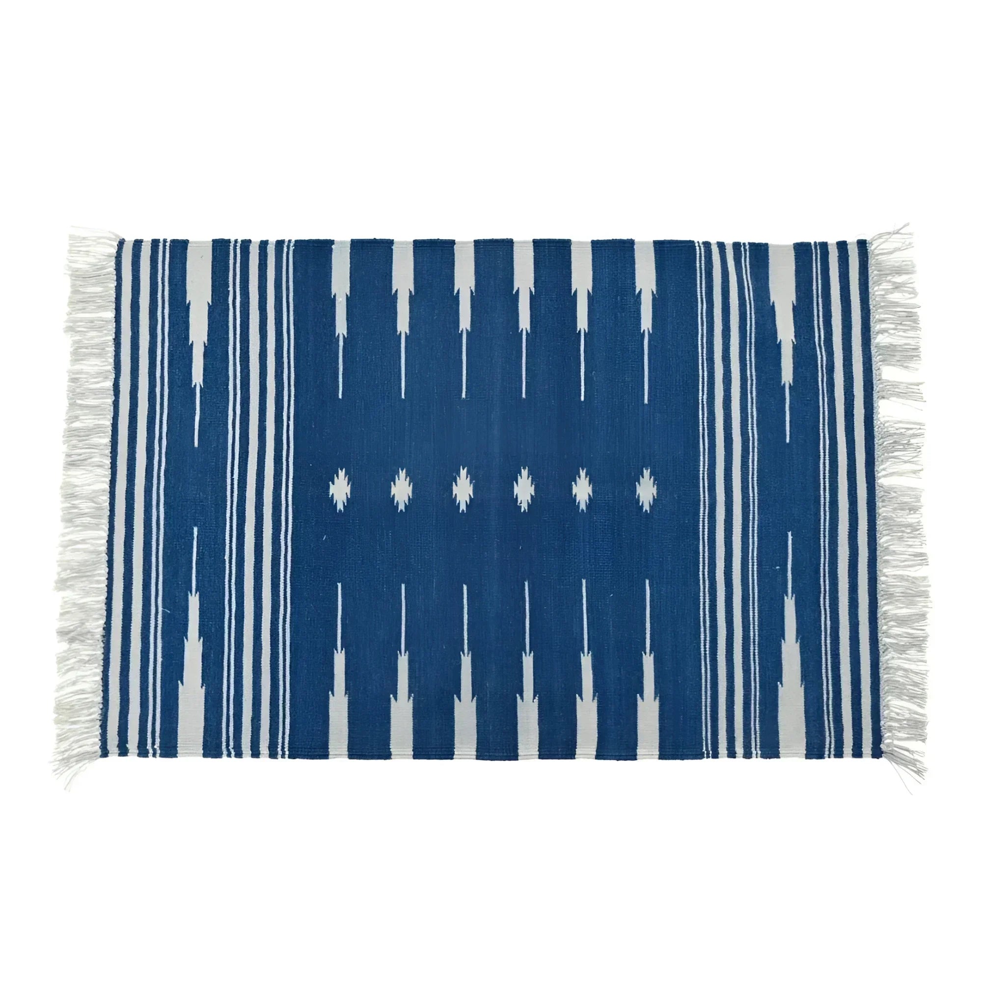 Handwoven Dark Blue and White Patterned Cotton Rug with Fringes