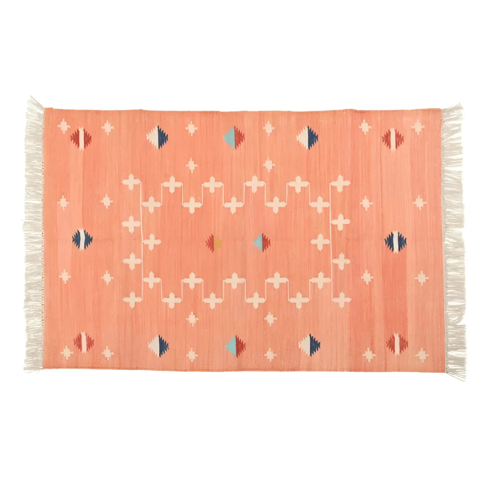 Handwoven Peachy Patterned Cotton Rug with Fringes