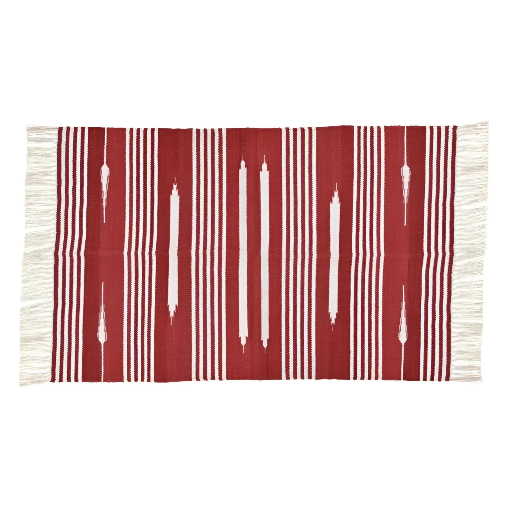 Handwoven Red and White Patterned Cotton Rug with Fringes