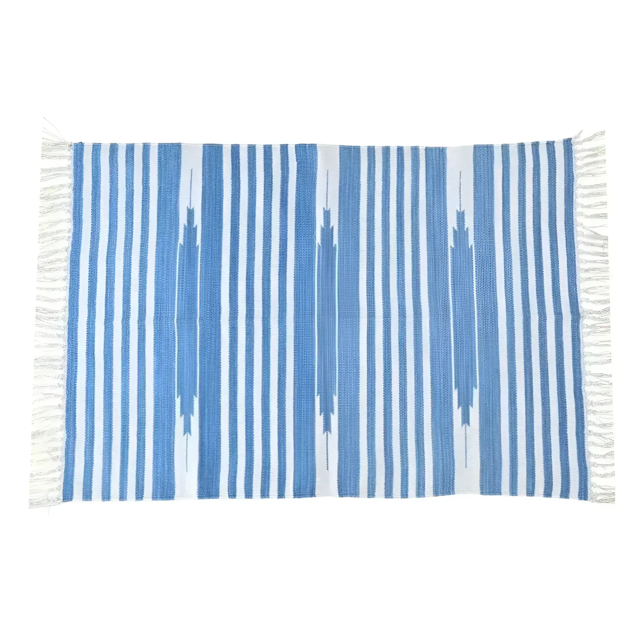 Handwoven Sky Blue and White Stripe Cotton Rug with Fringes
