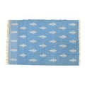 Handwoven White Floral Blue Cotton Rug with Fringes
